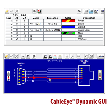 Dynamic GUI of a Flexible Cable & Harness Test System Netlist and wiring schematic used for design or diagnostics