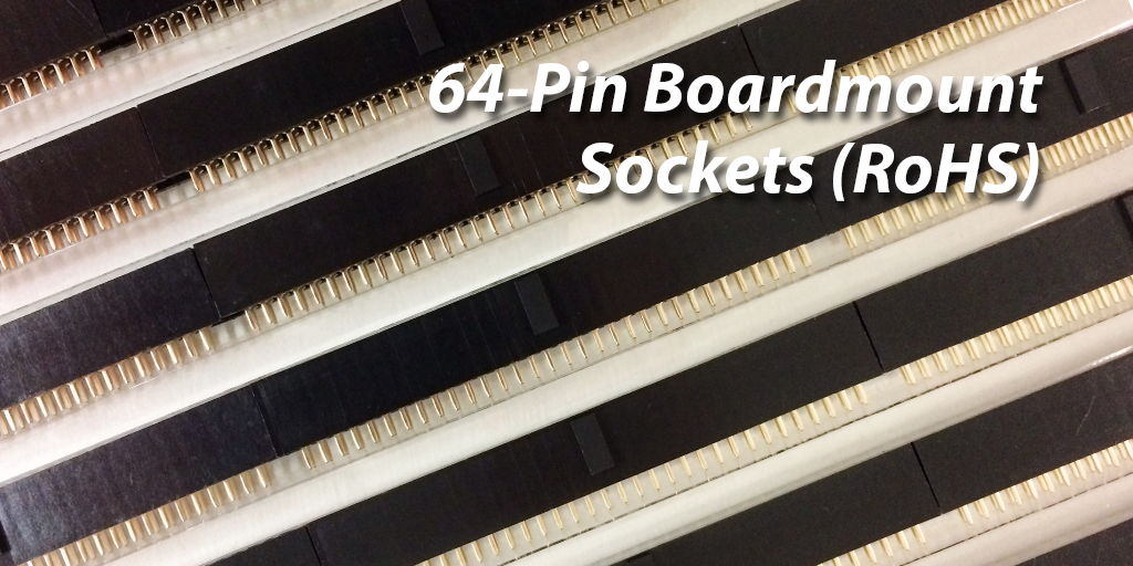 64-Pin Boardmount Socket Substitute for 3M 8564-4500PL Image of sockets in packaging showing polarization bump and gold flashed pins.
