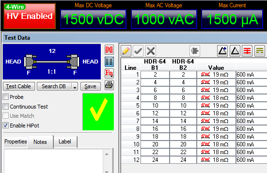 High Voltage (HiPot) Tester User Interface (4 wire resistance measurement) Results of a multiconductor 4-Wire resistance measurement.