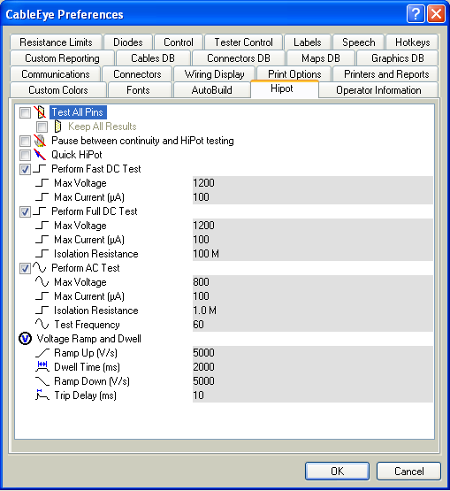 High Voltage (HiPot) Tester - Test Parameter User Interface HiPot Preferences