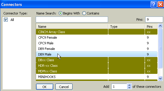 Connector Selection Screen Just a few of the more than 500 standard connectors from which to choose.